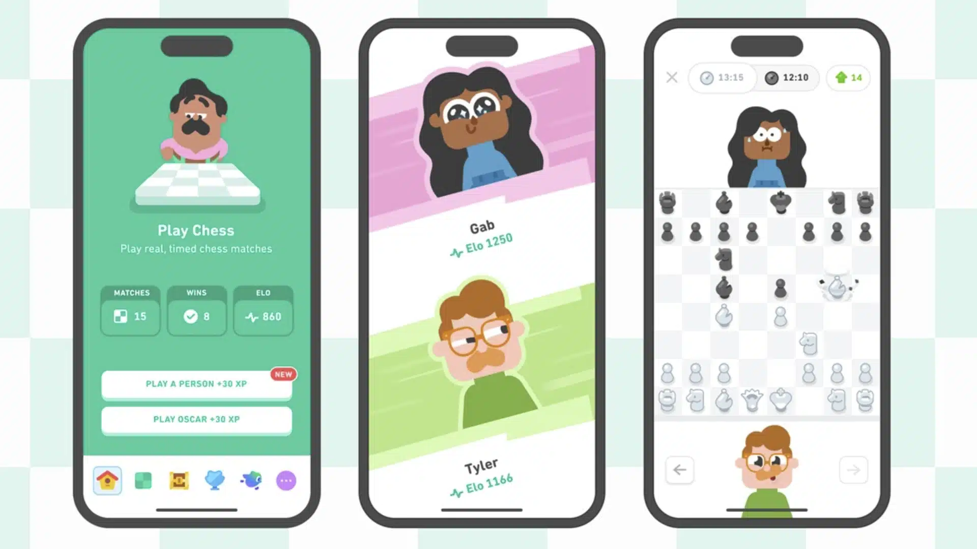 Três capturas de tela do aplicativo Duolingo. A primeira mostra a tela principal de um jogo de xadrez com estatísticas.