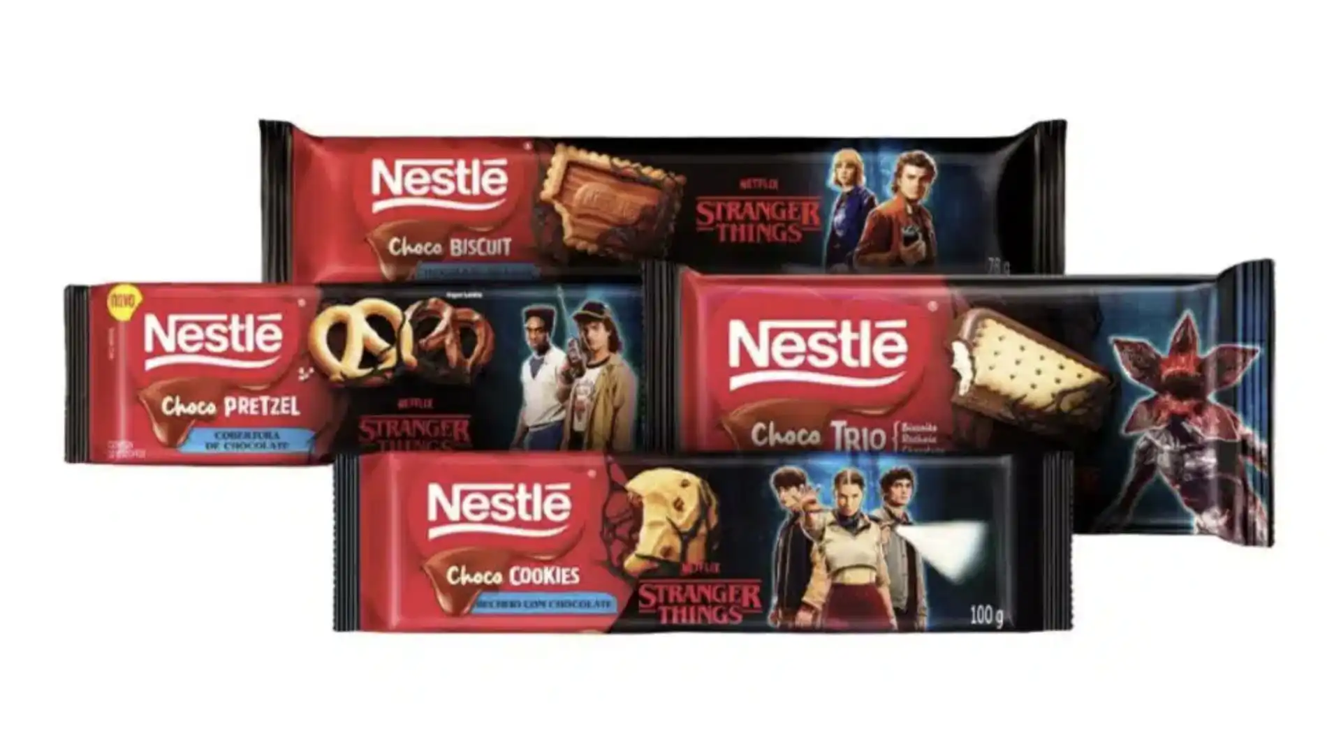 Uma imagem de propaganda de barras de chocolate da Nestlé com o tema de Stranger Things.