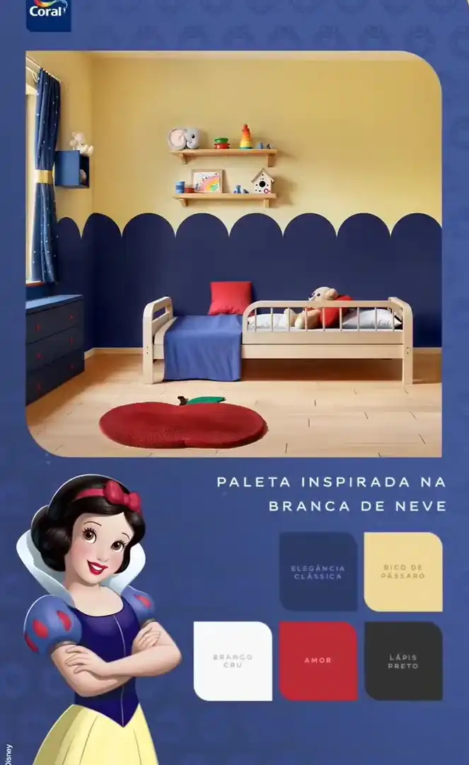 Imagem de divulgação da tinta Coral em parceria com a Disney, mostrando a Princesa Branca de Neve e um quarto temático em tons de azul, amarelo e vermelho, além de uma paleta de cores inspirada na personagem.