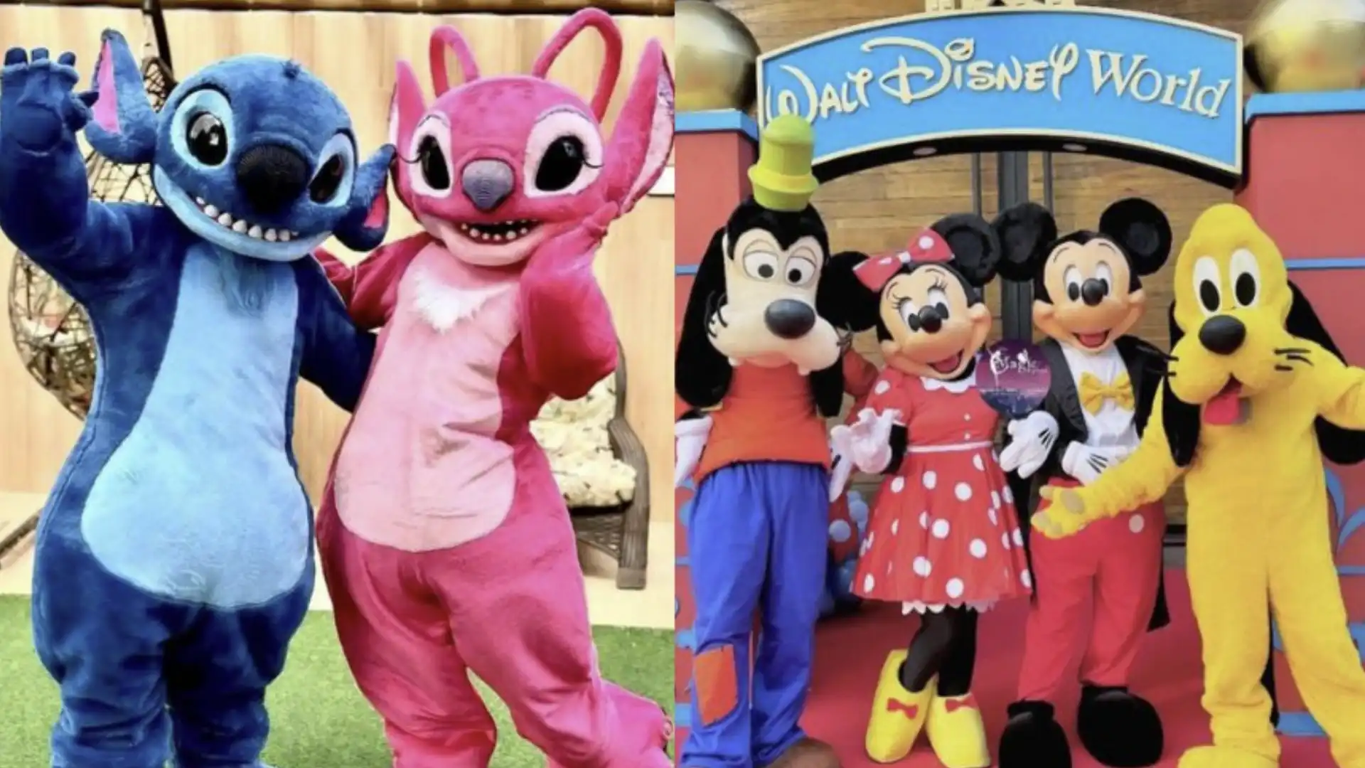 Foto em collage de personagens da Disney com Stitch e Angel de um lado, e Mickey, Minnie, Pateta e Pluto do outro.