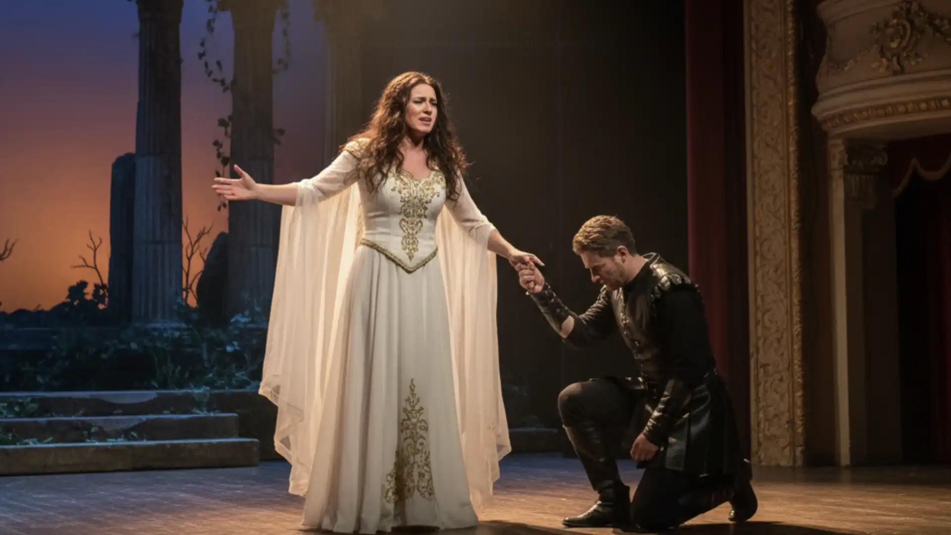 Um homem de preto se ajoelha diante de uma mulher de branco em um palco de teatro.