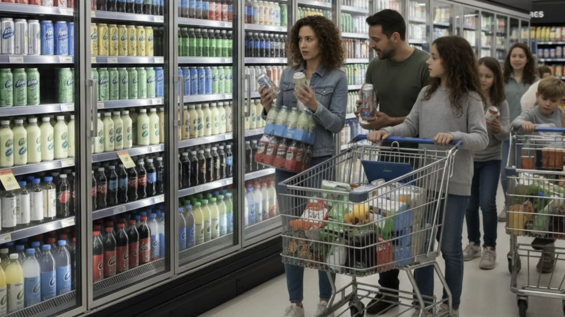 Pessoas no supermercado comprando bebidas de uma prateleira refrigerada.