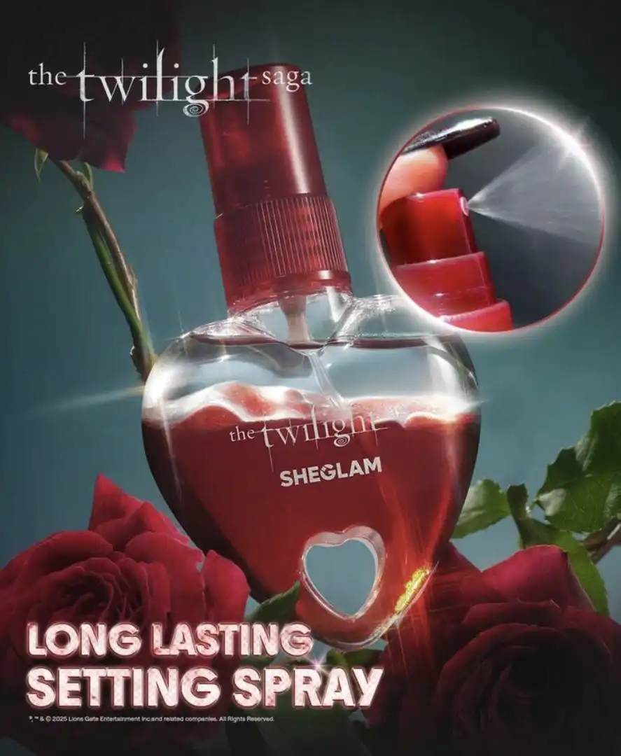 Uma foto publicitária do spray fixador "The Twilight Saga" em colaboração com a marca SHEGLAM.