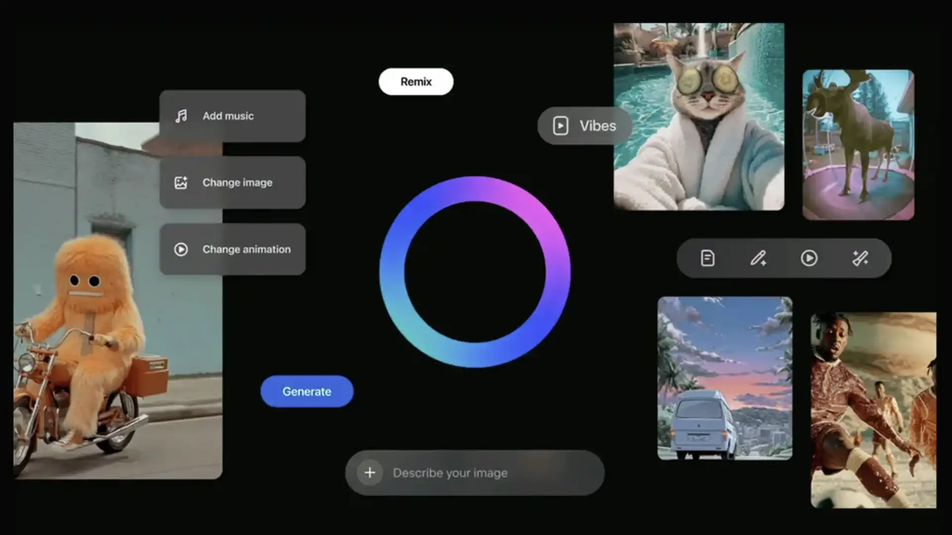 Interface de uma ferramenta de edição de vídeo, com botões para "Adicionar música" e "Mudar imagem".