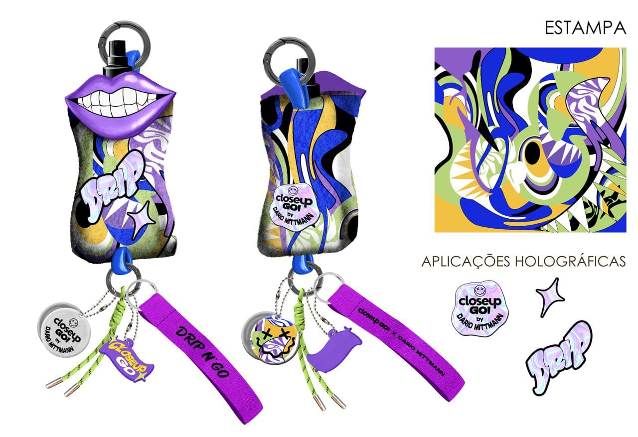 Design do chaveiro "Drip N' Go" para spray bucal Close-up com arte abstrata e lábios roxos.