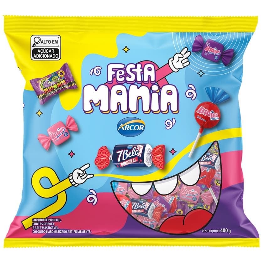 Pacote de doces Arcor Festa Mania com Plutonita, Balla e 7Belo.
