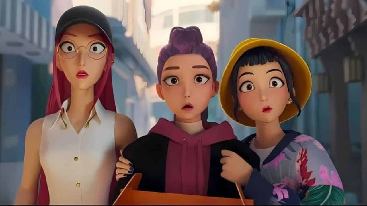 Três personagens femininas animadas de "Guerreiras do K-Pop" (K-Pop: Demon Hunters), com expressões de surpresa ou choque, em um cenário urbano diurno.