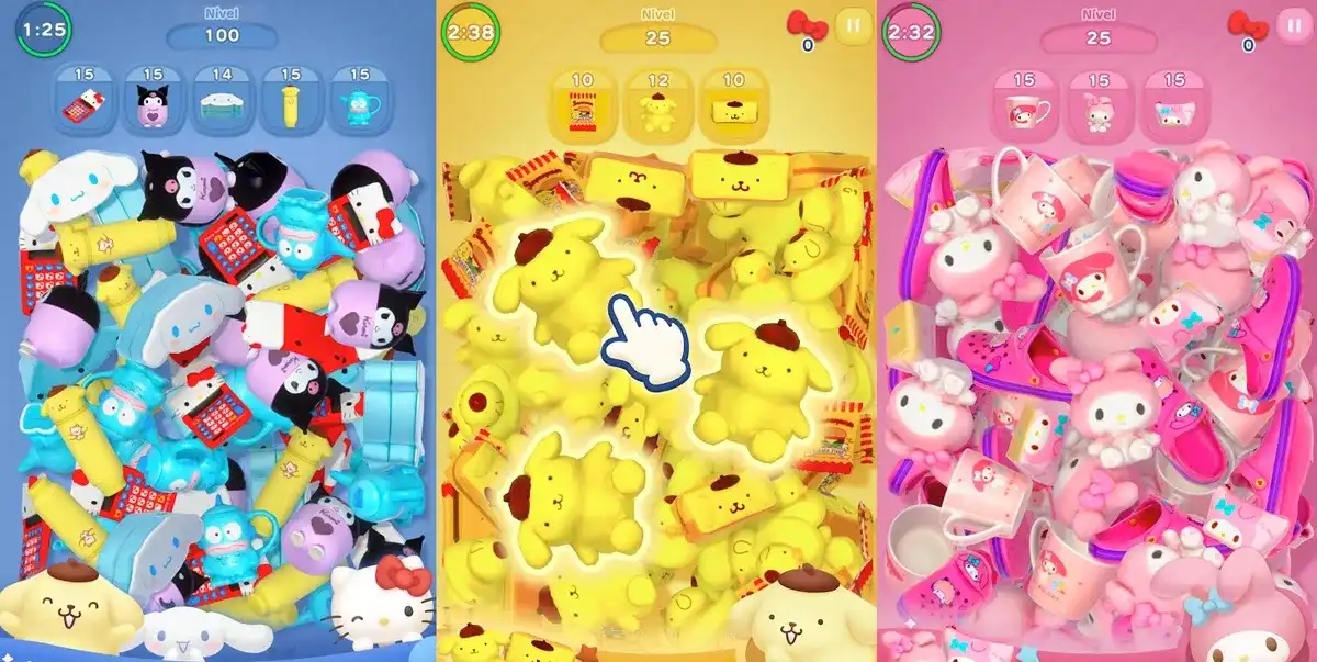 Três telas de jogo de quebra-cabeça do Hello Kitty Merch Match com My Melody, Kuromi e Cinnamoroll.