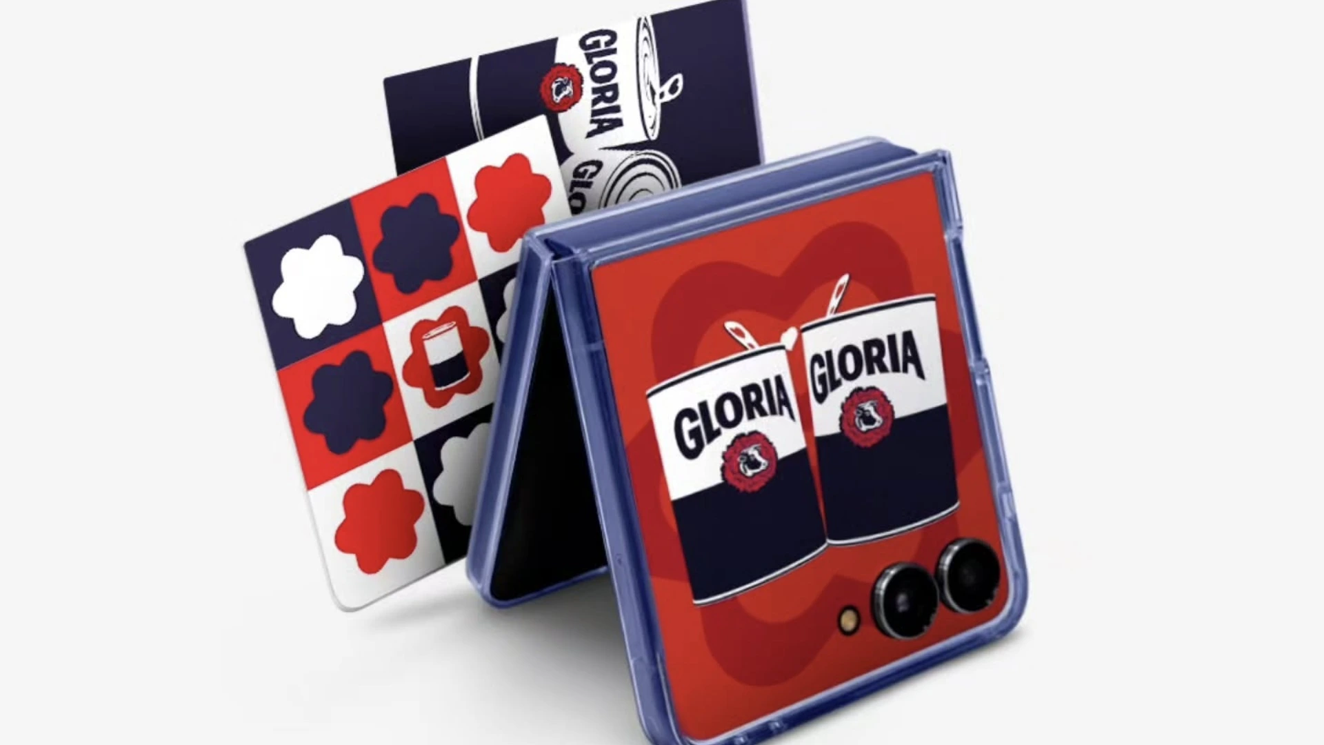 Capa de celular Samsung Galaxy Z Flip7 customizada com design da marca Glória, apresentando latas de leite condensado em fundo vermelho e padrão de flores/trevos em azul, vermelho e branco.