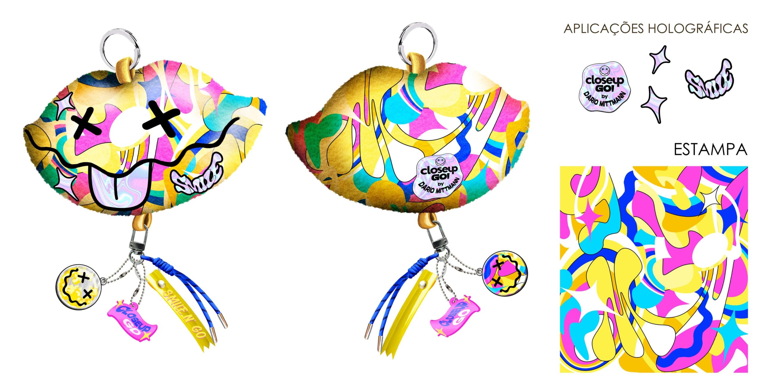 Design de um chaveiro de pelúcia em formato de lábios com estampa abstrata colorida para Close-up GO!