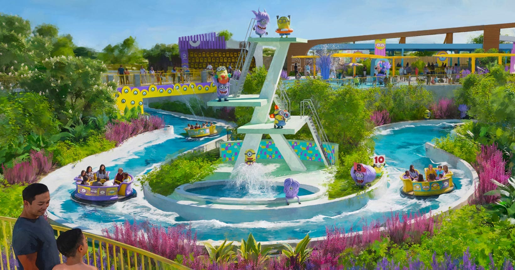 Uma atração aquática colorida no estilo rio lento, com botes circulares e decorações de personagens Minions e outras figuras roxas, cercada por vegetação exuberante e flores vibrantes.