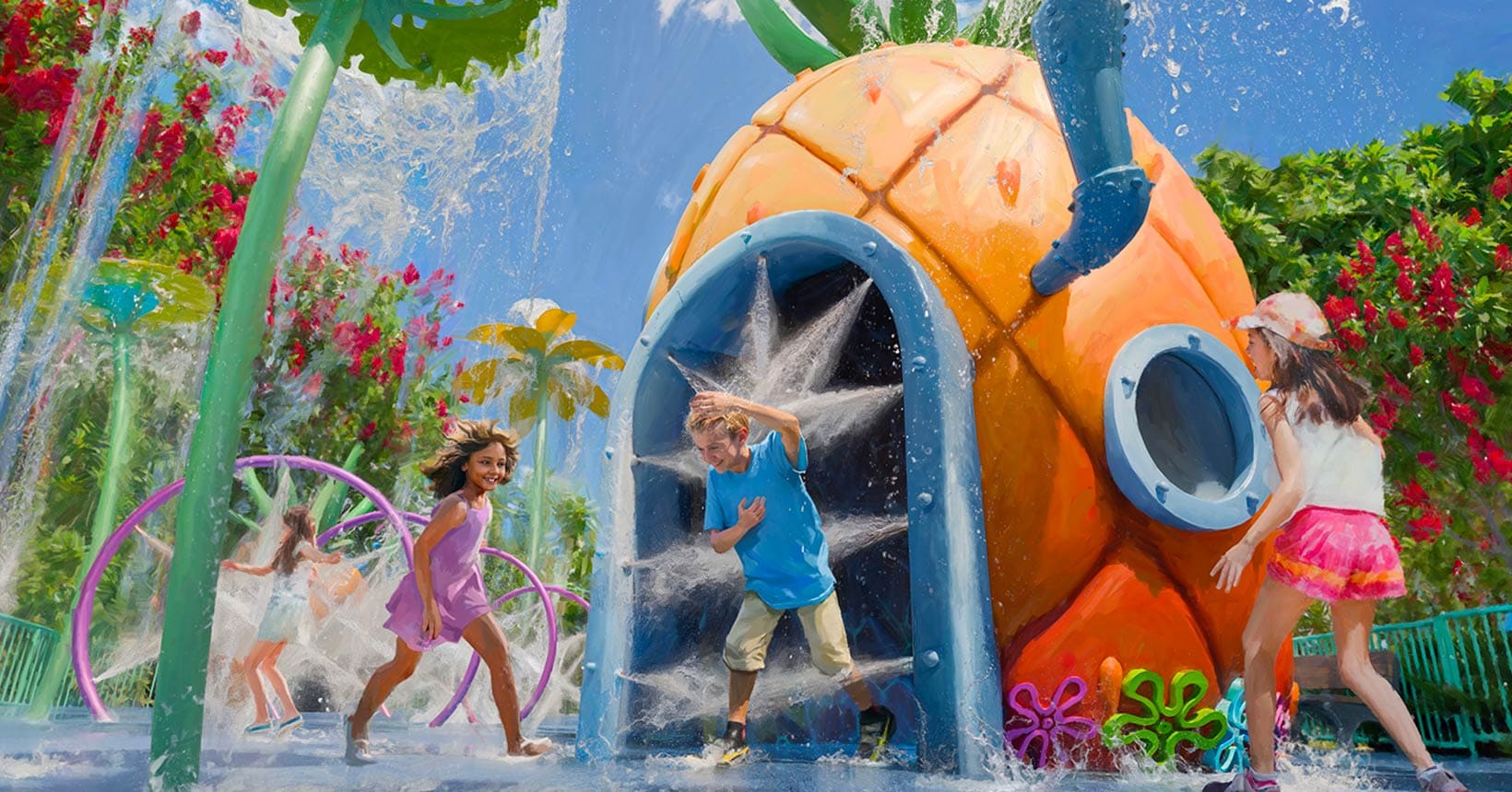 Crianças brincando em uma área de splash temática da casa de abacaxi do Bob Esponja, com jatos d'água e flores coloridas ao redor.