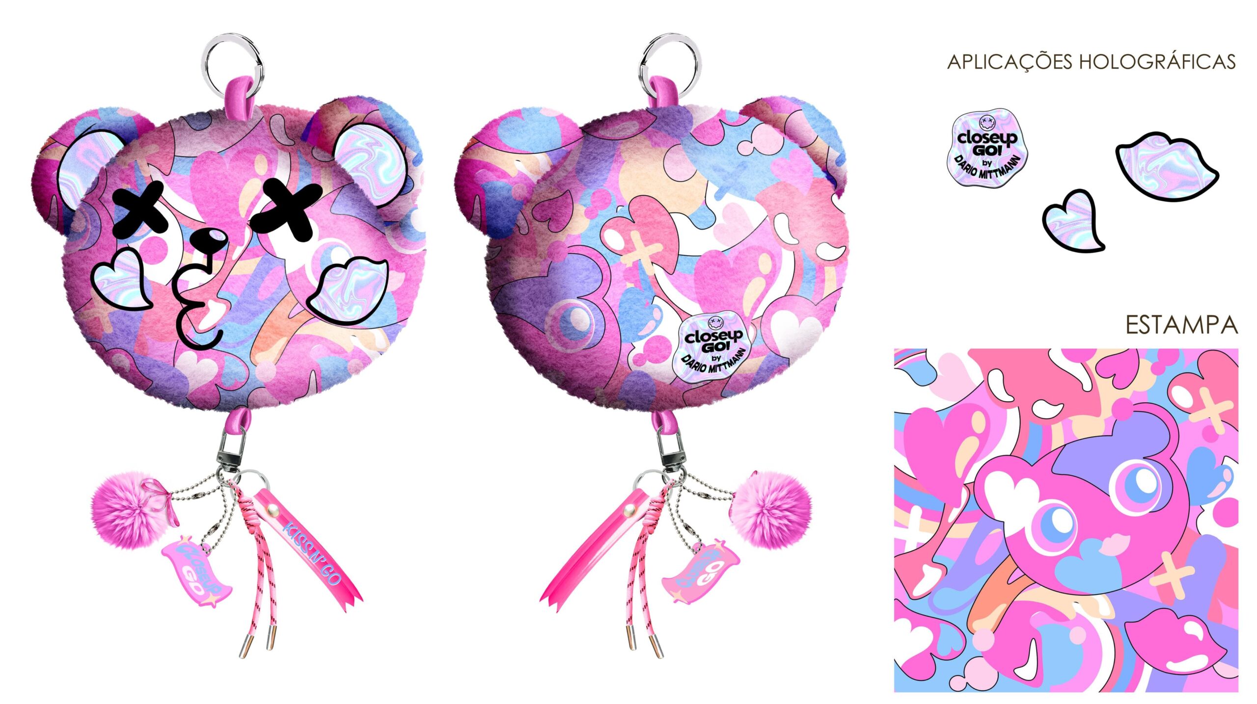 Design do chaveiro de pelúcia em formato de urso da Close-up com estampa abstrata rosa e azul.