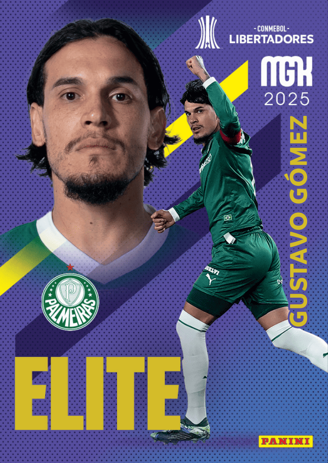 Capa de álbum de figurinhas Panini Conmebol Libertadores MGH 2025, com o jogador Gustavo Gómez em duas poses, fundo roxo e o selo "ELITE".
