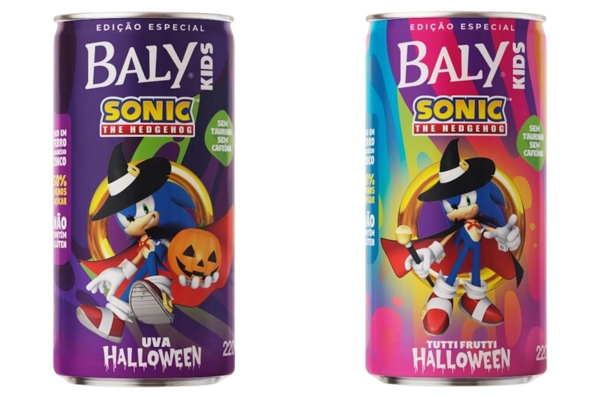 Duas latas de Baly Kids de edição especial Sonic the Hedgehog Halloween, uma de Uva e outra de Tutti Frutti.