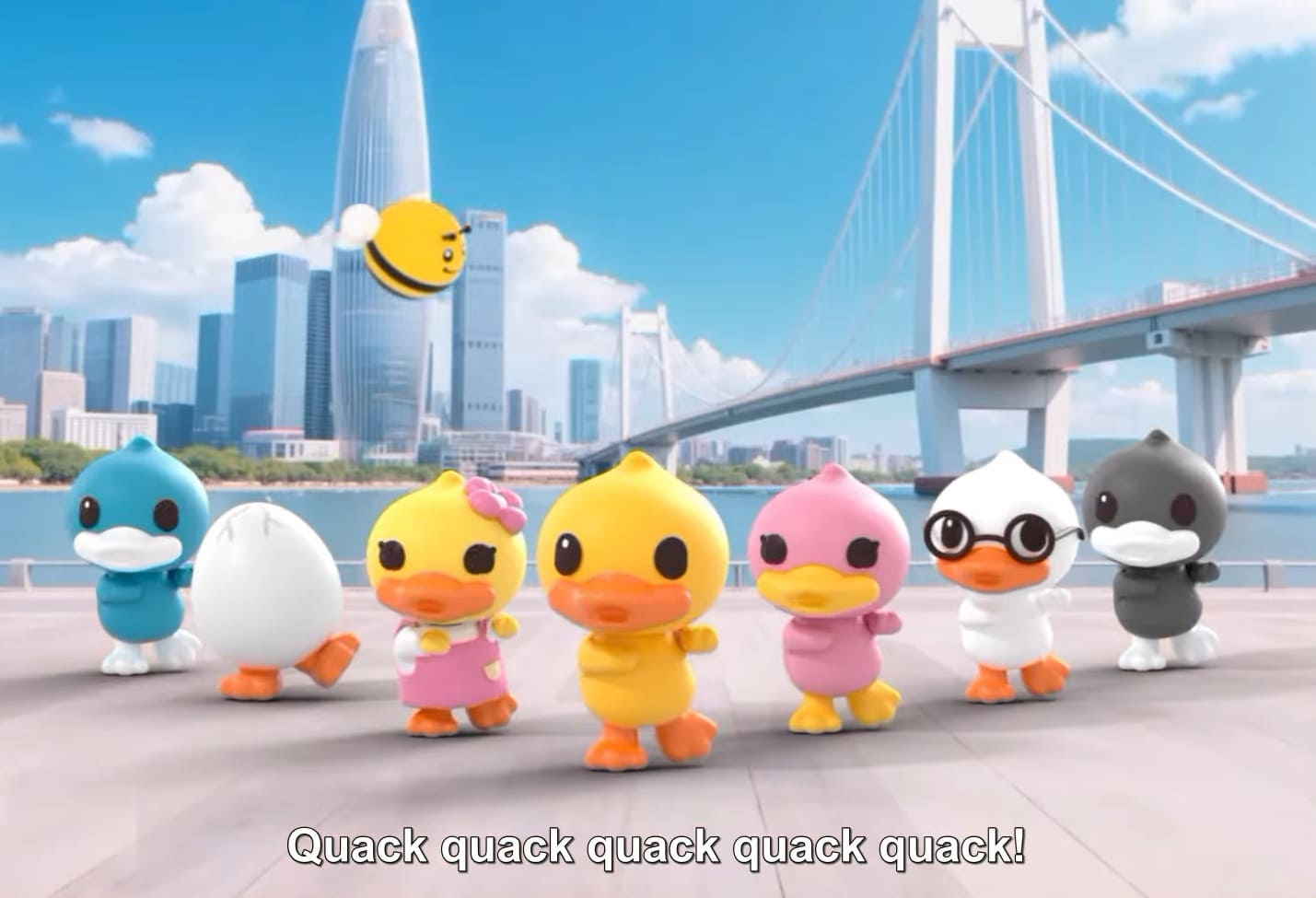 Personagens B.Duck em uma cidade moderna com uma ponte.