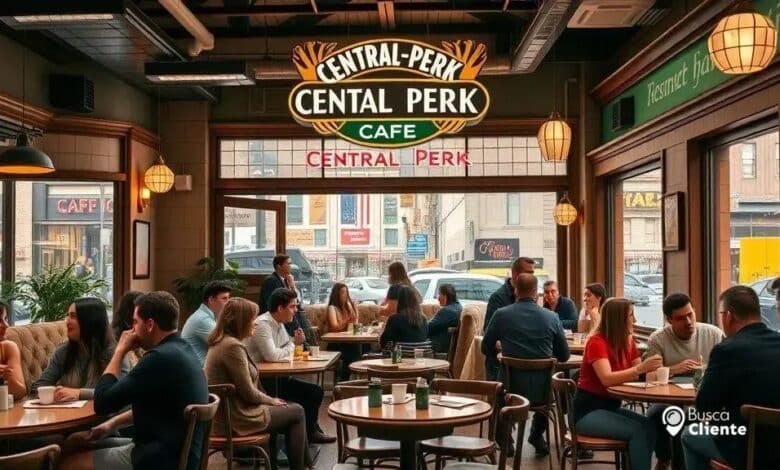 Interior do café Central Perk, réplica do seriado Friends, lotado de clientes sentados em mesas e sofás. O letreiro iluminado da cafeteria é visível ao fundo.