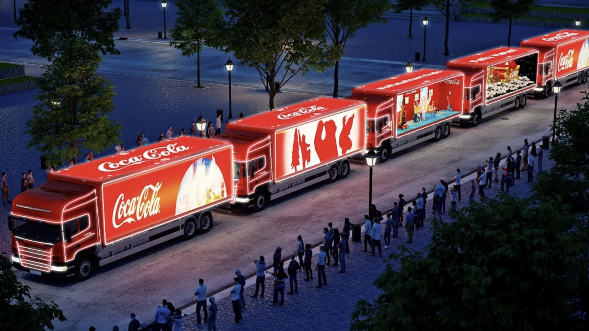 Caravana de caminhões vermelhos da Coca-Cola iluminada, desfilando à noite para pessoas na calçada.