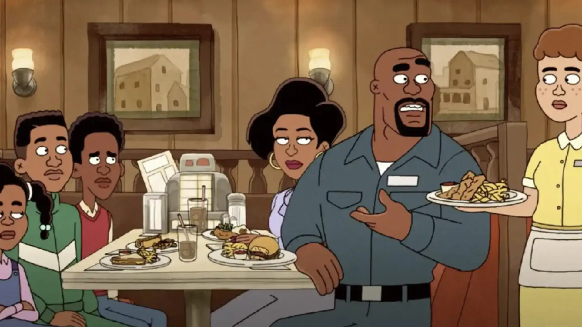 Um desenho animado em estilo pop-art que mostra a família Rock sentada em uma cabine de restaurante. Julius, o pai, está falando com uma garçonete que segura um prato de comida. Seus filhos e sua esposa, Rochelle, olham para ele com expressões de surpresa ou confusão.