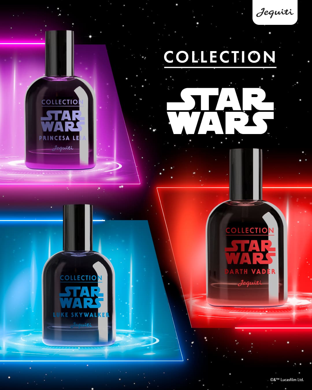 Coleção Star Wars Jequiti com perfumes de Princesa Leia, Luke Skywalker e Darth Vader em um fundo espacial.