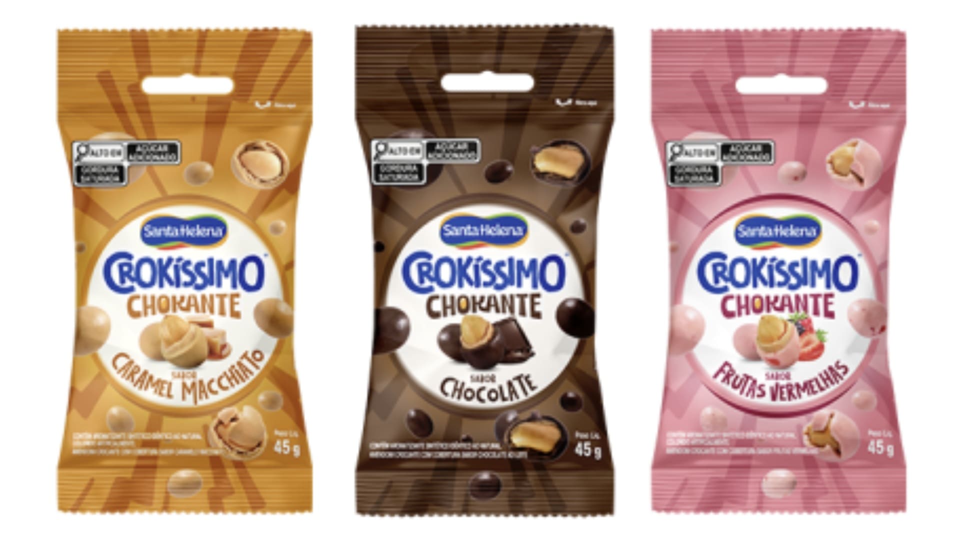 Três embalagens do Santa Helena Crokíssimo Chokante lado a lado: Caramelo Macchiato (dourado), Chocolate (marrom) e Frutas Vermelhas (rosa).