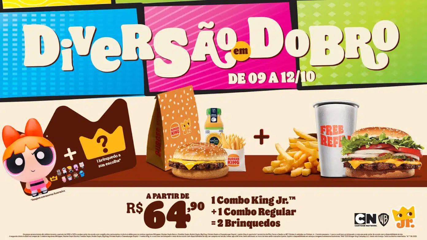 Análise da Imagem e Contexto A imagem que você enviou é um banner promocional do Burger King em parceria com a Cartoon Network Jr., divulgando a campanha "Diversão em Dobro".