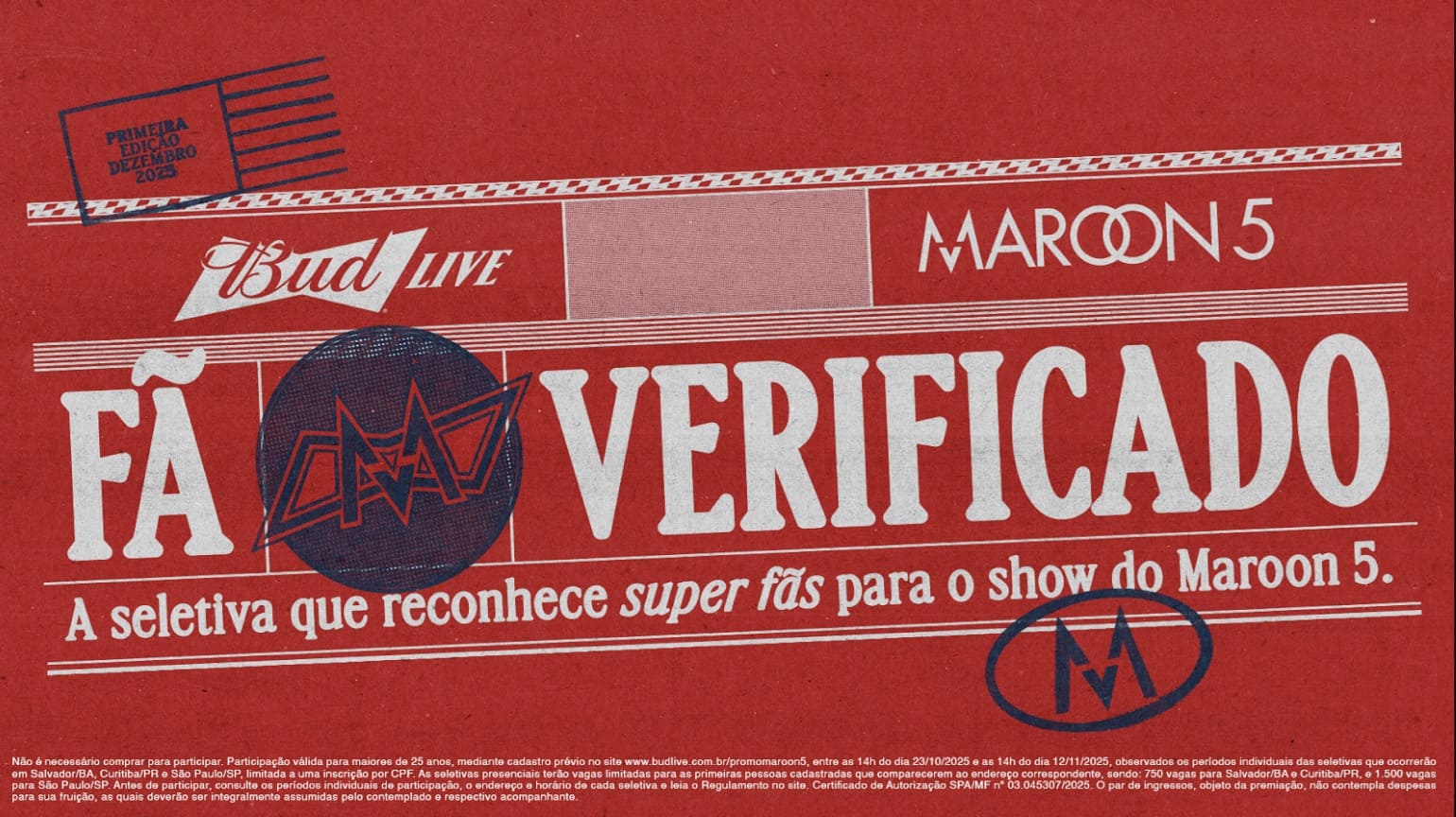 Imagem promocional da seletiva "Fã Verificado Bud Live" para o show do Maroon 5.