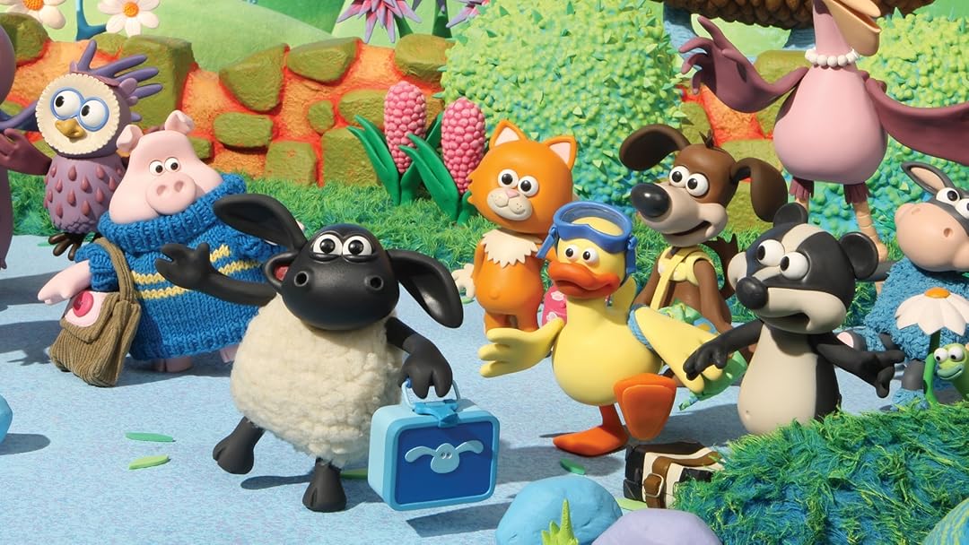 Personagens de A Ovelha Shaun (Shaun the Sheep) em uma cena campestre.