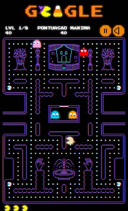 Google Doodle de Pac-Man com tema de Halloween.