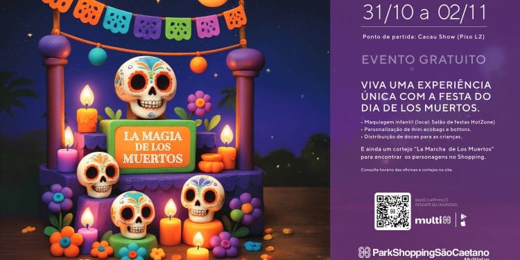Banner de evento "La Magia de Los Muertos" no ParkShopping São Caetano.