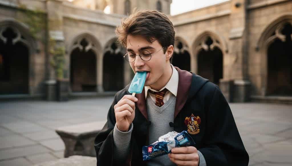 Um jovem vestido como Harry Potter saboreia um picolé "Expecto Patronum" da Kibon.