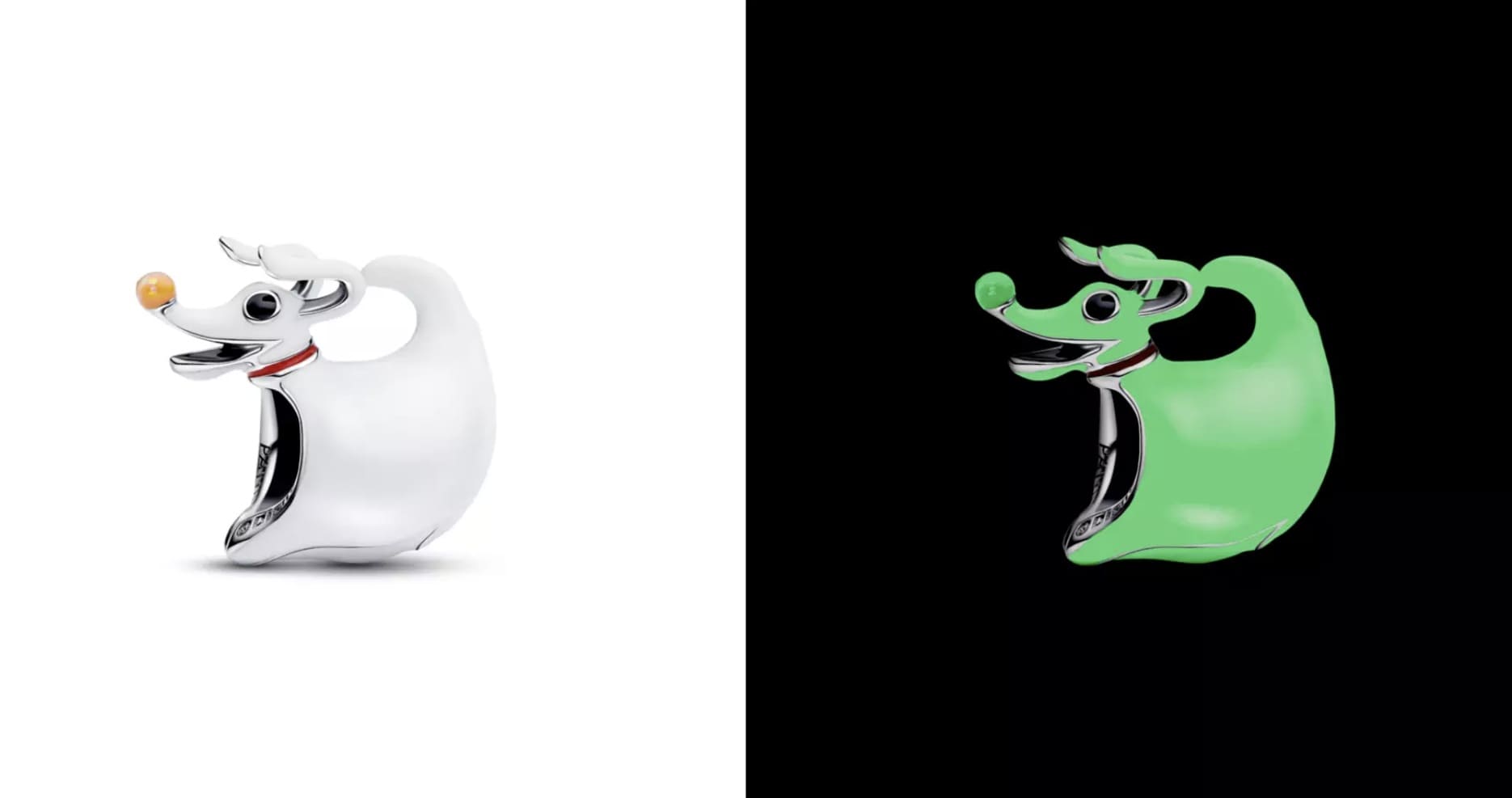 Charm Pandora x Disney, Zero de O Estranho Mundo de Jack, mostrando o efeito que brilha no escuro.