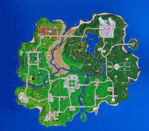 Visão aérea de um mapa de jogo, presumivelmente de Fortnite, com um estilo de arte que lembra a cidade de Springfield, incluindo uma usina nuclear no canto superior direito e várias áreas urbanas e rurais.