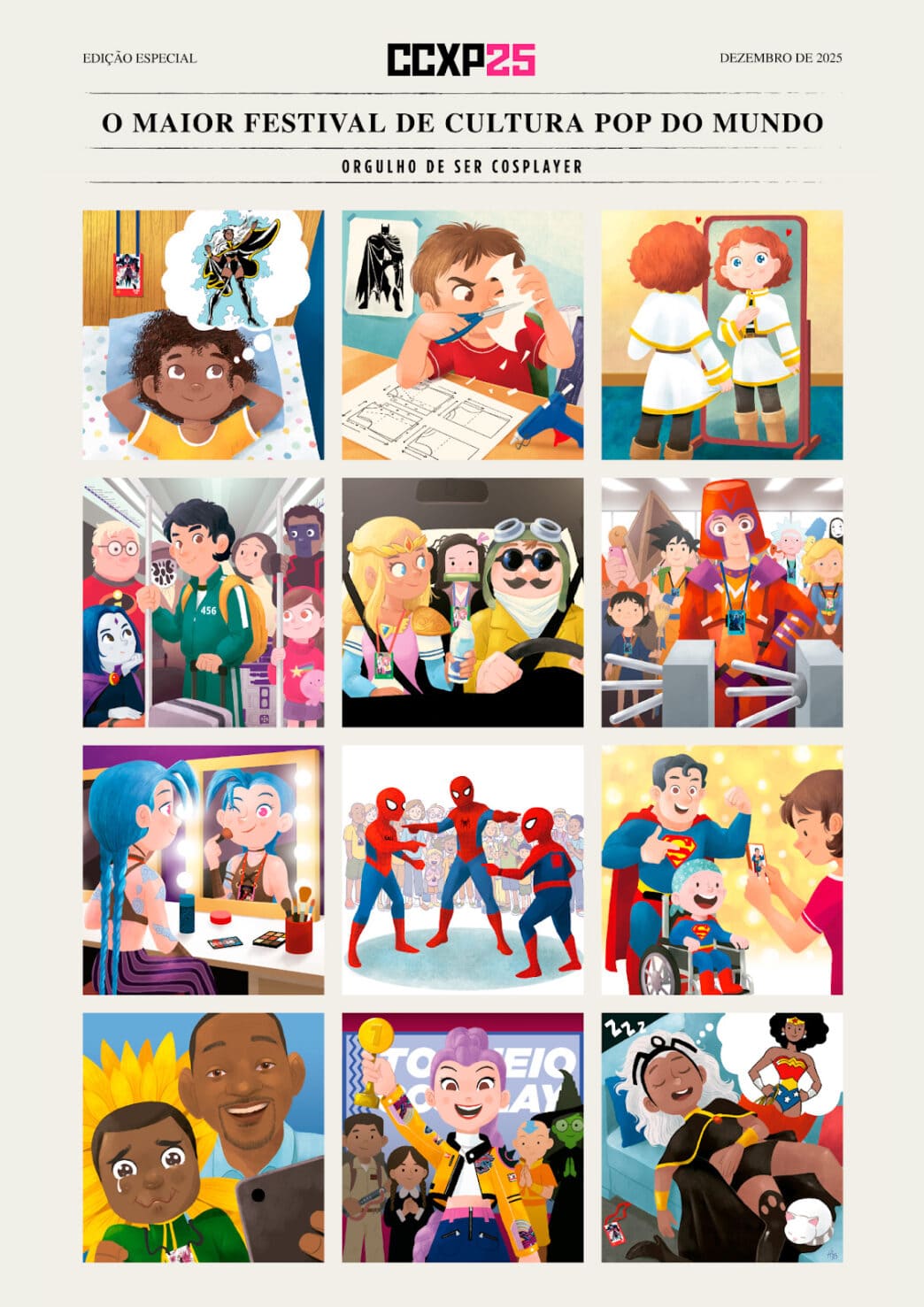 Um pôster promocional da CCXP 2025, intitulado "O Maior Festival de Cultura Pop do Mundo - Orgulho de Ser Cosplayer". A imagem é uma grade de 12 ilustrações coloridas mostrando diversas pessoas, incluindo crianças e adultos, em momentos relacionados a cosplay e fandom. As cenas incluem sonhar com um herói, costurar fantasias, experimentar roupas, tirar fotos em grupo, encontrar personagens e interagir em um evento.
