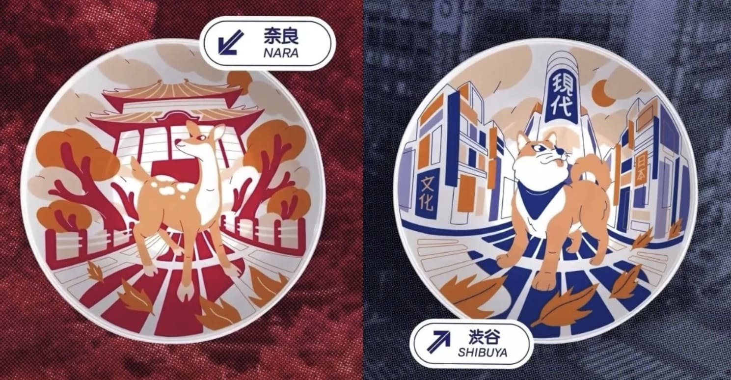 Duas tigelas colecionáveis de porcelana com arte japonesa: a da esquerda (NARA) tem um cervo em frente a um portal vermelho; a da direita (SHIBUYA) tem um cachorro Shiba Inu em uma paisagem urbana.