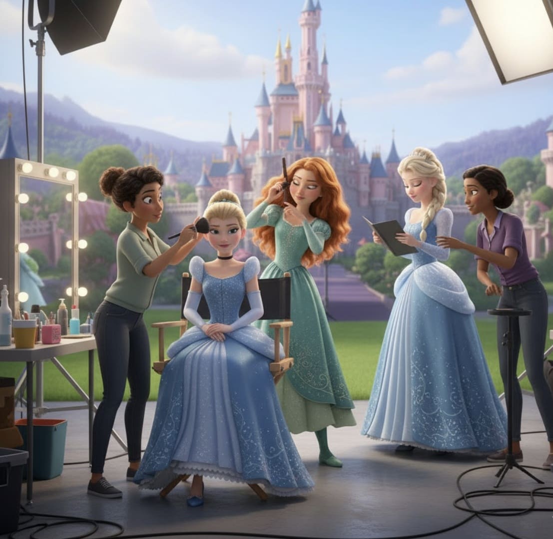 Cinderela, Ariel e Elsa em um set de filmagem ao ar livre com um castelo de fundo.