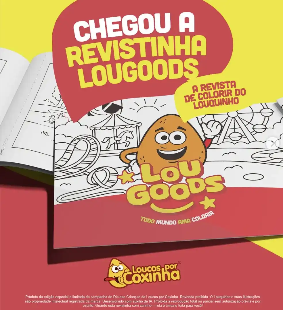 Capa de uma revista de colorir da Lougoods, com o personagem Louquinho na frente de um parque de diversões, com a frase 'Chegou a revistinha Lougoods' e 'A revista de colorir do Louquinho' em destaque.