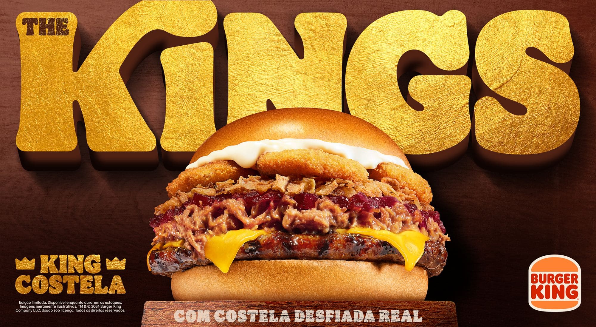 O King Costela do Burger King: hambúrguer com costela desfiada, queijo, molho e anéis de cebola.