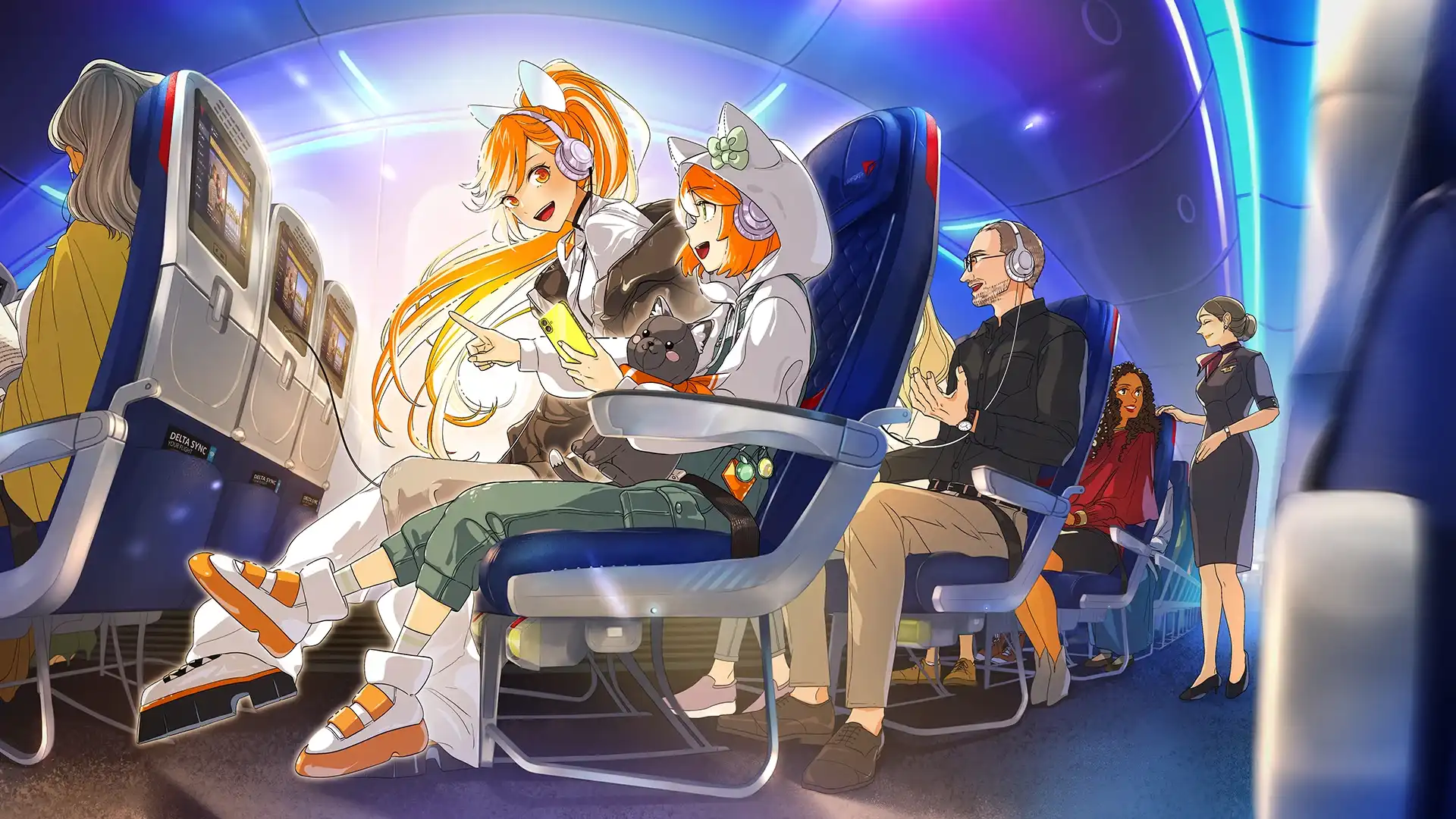 Ilustração estilo anime mostrando o interior iluminado de uma aeronave da Delta. Duas jovens com cabelos laranja, fones de ouvido e detalhes de orelhas de gato estão no centro, uma apontando para a tela de um celular. Há outros passageiros e uma comissária de bordo em pé à direita.