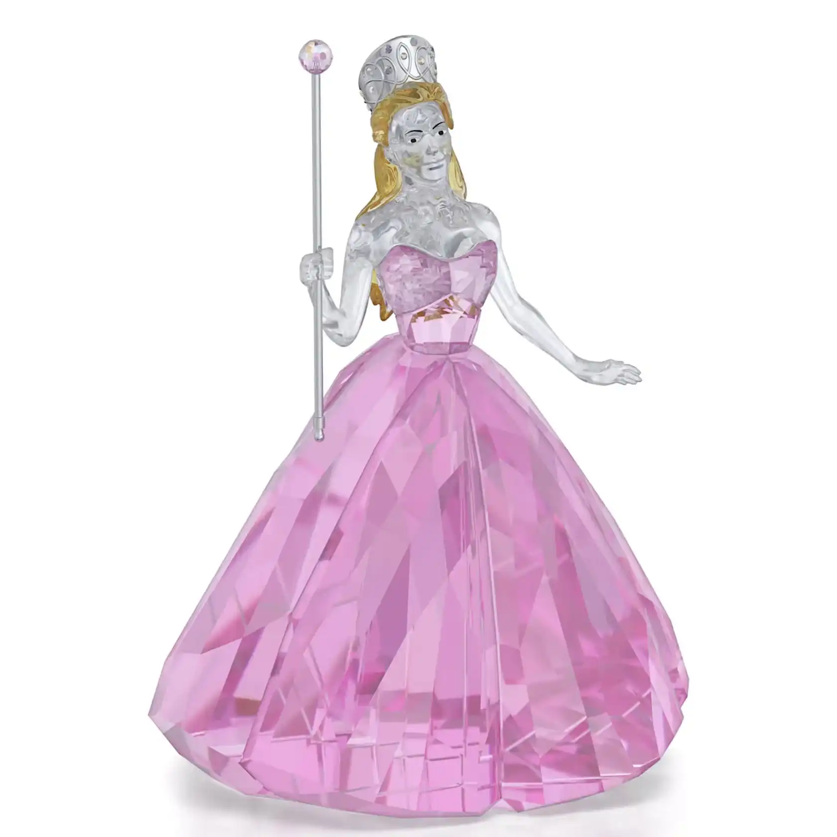 Estatueta Swarovski de Glinda, a Bruxa Boa, em cristal transparente com vestido rosa facetado.