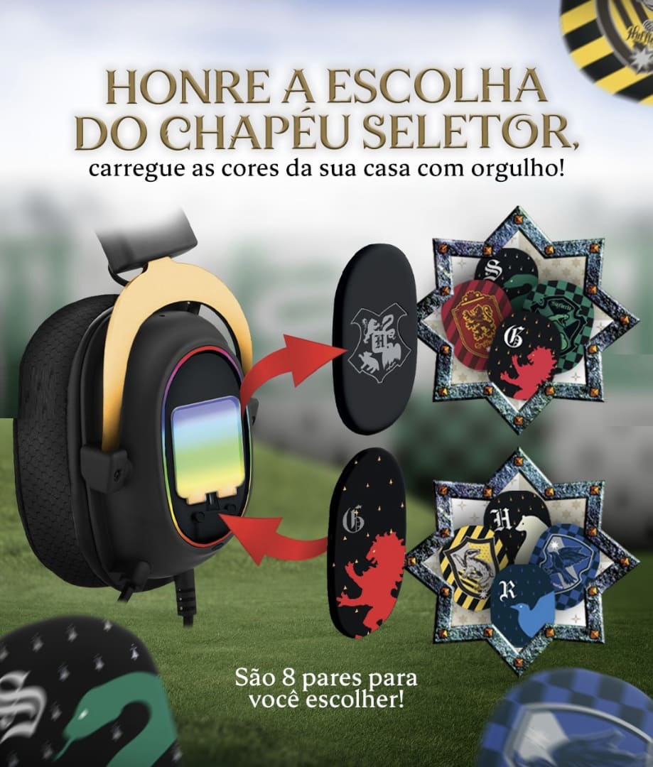 Acessórios de personalização para o Headset Zeus, mostrando tampas magnéticas substituíveis com os emblemas das quatro casas de Hogwarts (Grifinória, Sonserina, Lufa-Lufa e Corvinal).