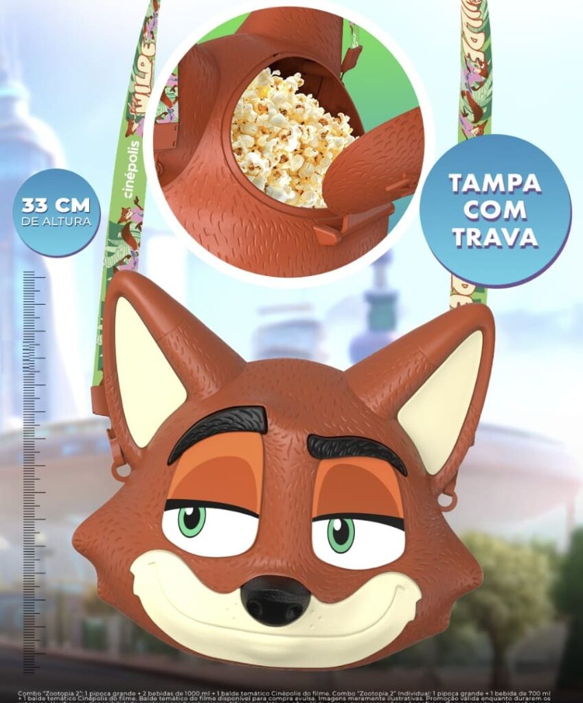 Balde de pipoca exclusivo do filme Zootopia em formato da cabeça da raposa Nick Wilde, de 33 cm de altura, com uma tampa de trava mostrando pipoca dentro.