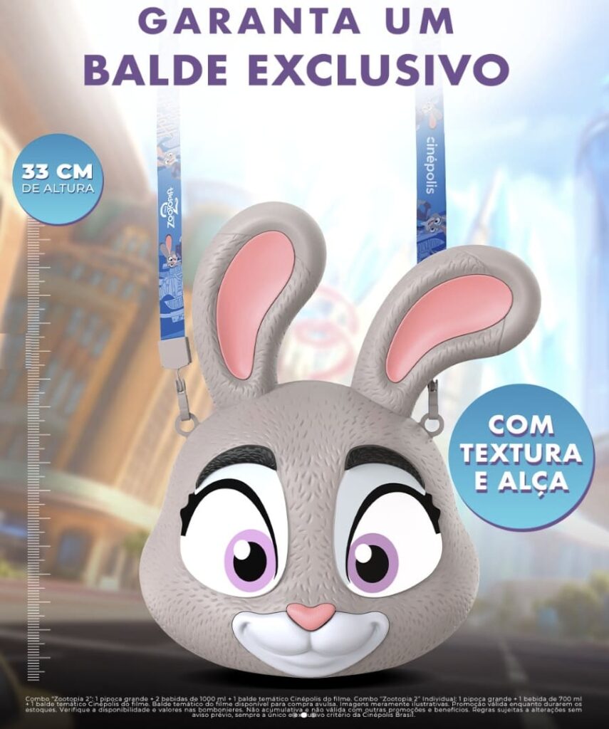 Balde de pipoca exclusivo do filme Zootopia em formato da cabeça da coelha Judy Hopps, de 33 cm de altura, com textura aveludada e alça de ombro.