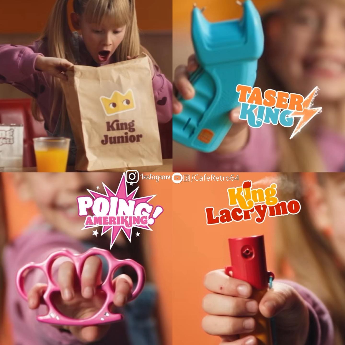 Montagem de quatro quadros da campanha do Burger King França, mostrando uma criança abrindo um saco King Junior e segurando brinquedos controversos: o "Taser King" (azul, formato de arma de choque), o "Poing Amériking" (rosa, formato de soco inglês) e o "King Lacrymo" (vermelho, formato de spray de pimenta).