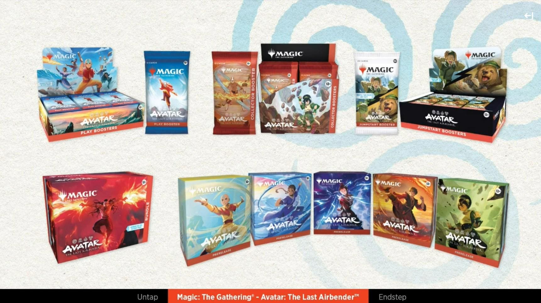 Vários produtos selados de Magic: The Gathering - Avatar: The Last Airbender, incluindo boosters, caixas de Jumpstart, Bundles e Kits de Pré-lançamento.