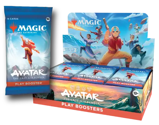 Pacote de booster e caixa expositora de boosters Magic: The Gathering - Avatar: The Last Airbender, destacando Aang e o logotipo da colaboração.