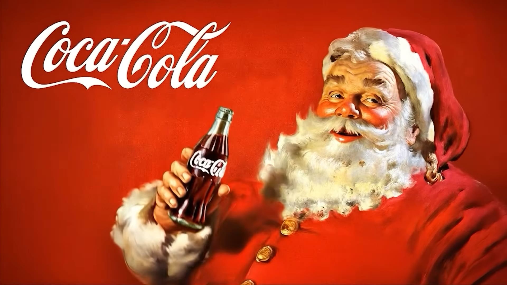 Papai Noel da Coca-Cola segurando uma garrafa de Coca-Cola em um fundo vermelho.