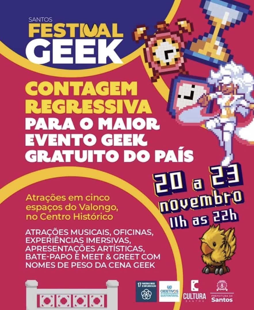 Flyer do Festival Geek de Santos. Contagem regressiva para o maior evento geek gratuito do país, de 20 a 23 de novembro, das 11h às 22h, com atrações no Valongo.