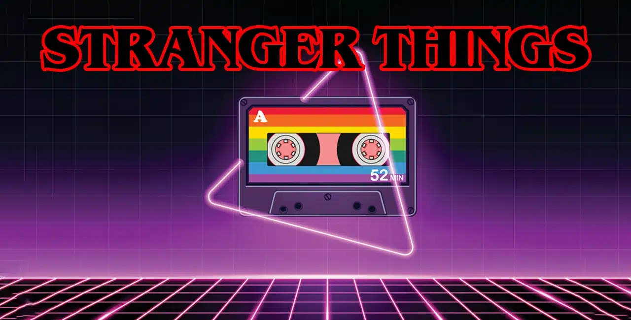 Logo de "Stranger Things" em vermelho neon sobre um fundo roxo, com uma fita cassete arco-íris de 52 minutos envolta por um triângulo neon rosa.
