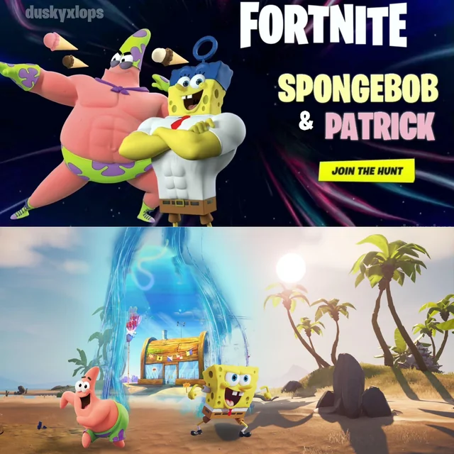 Banner de colaboração Fortnite x Bob Esponja, mostrando Patrick e Bob Esponja musculosos no topo, e uma cena de gameplay na parte inferior.